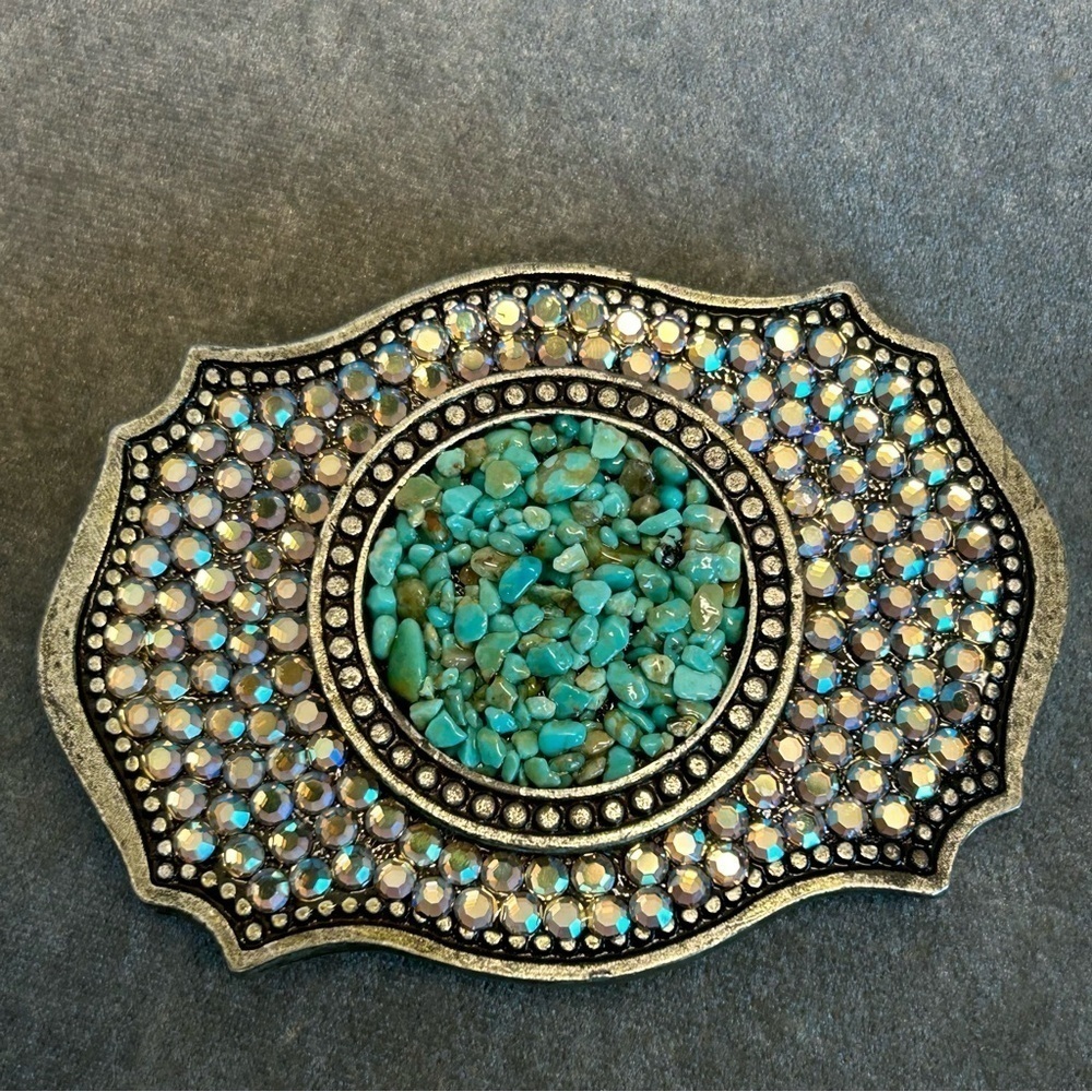 Blue green crystal rhinestone embellished sparkly turquoise stone belt buckle